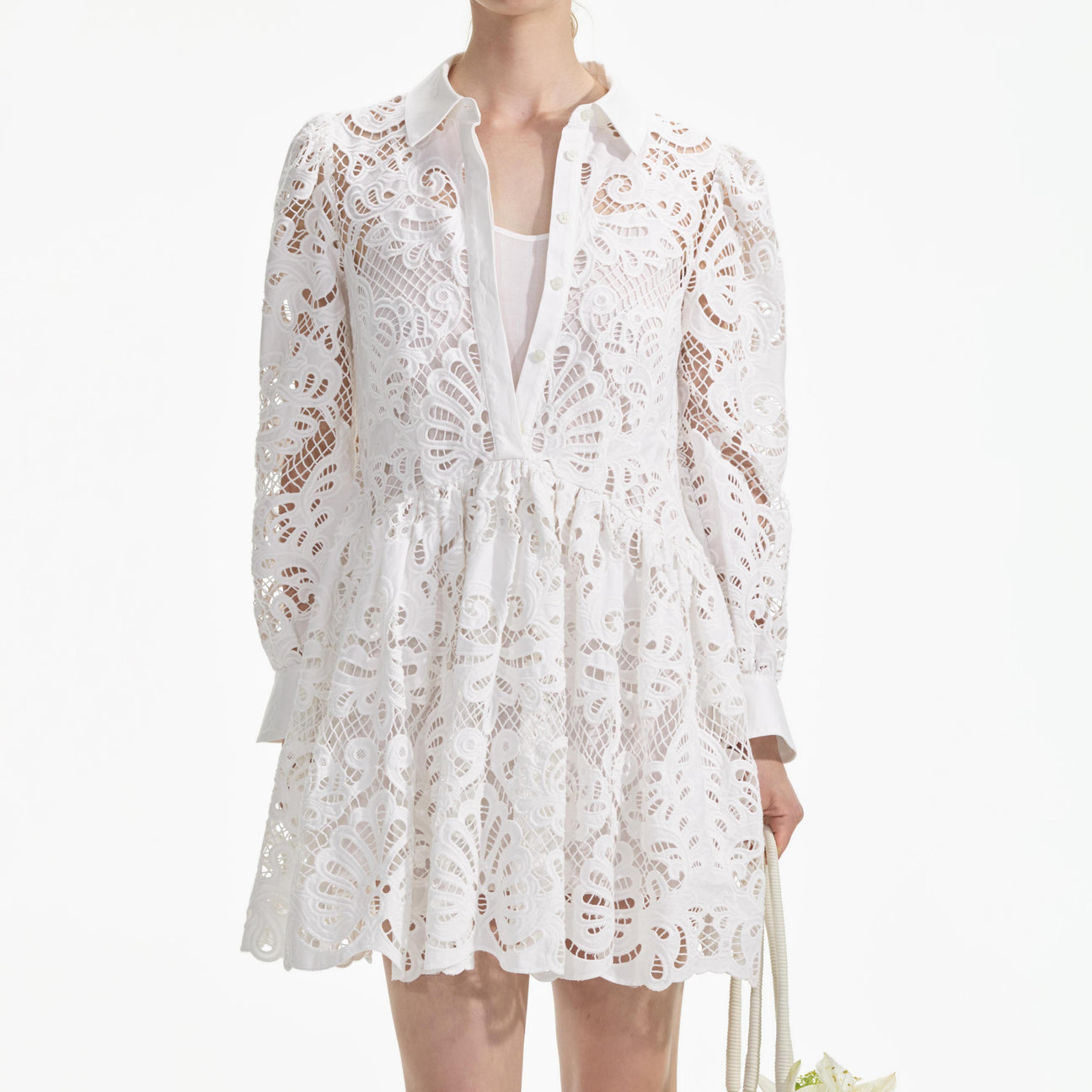SP White Cotton Lace Mini Shirt Dress