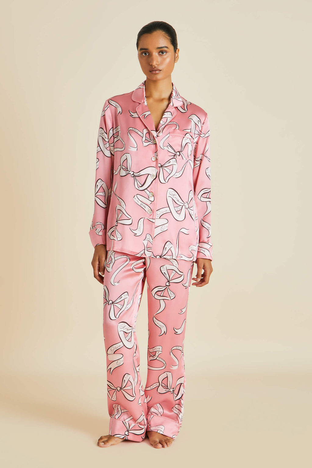 OVH Lila Arran Bow Silk Satin Pajamas Set