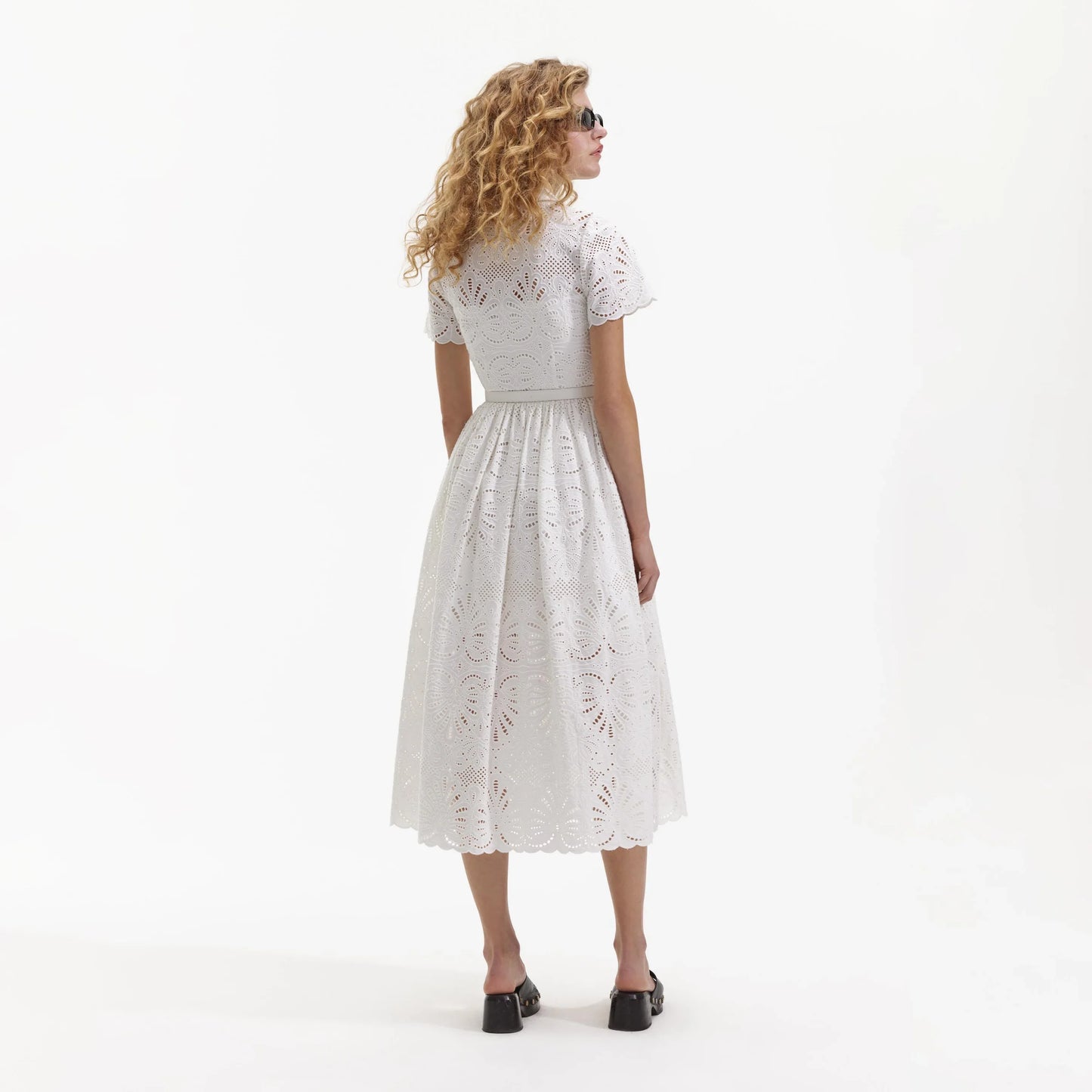 SP White Cotton Embroidery Midi Dress