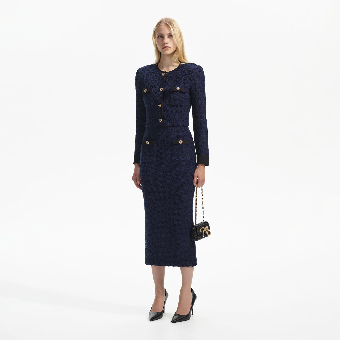 SP Navy Weave Cardigan & Midi Skirt Set