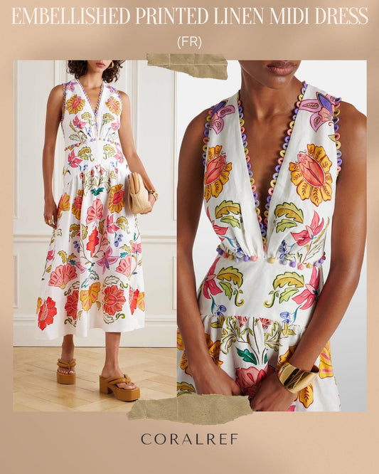 FR Insect Plunge Embellished Printed Linen Midi Dress