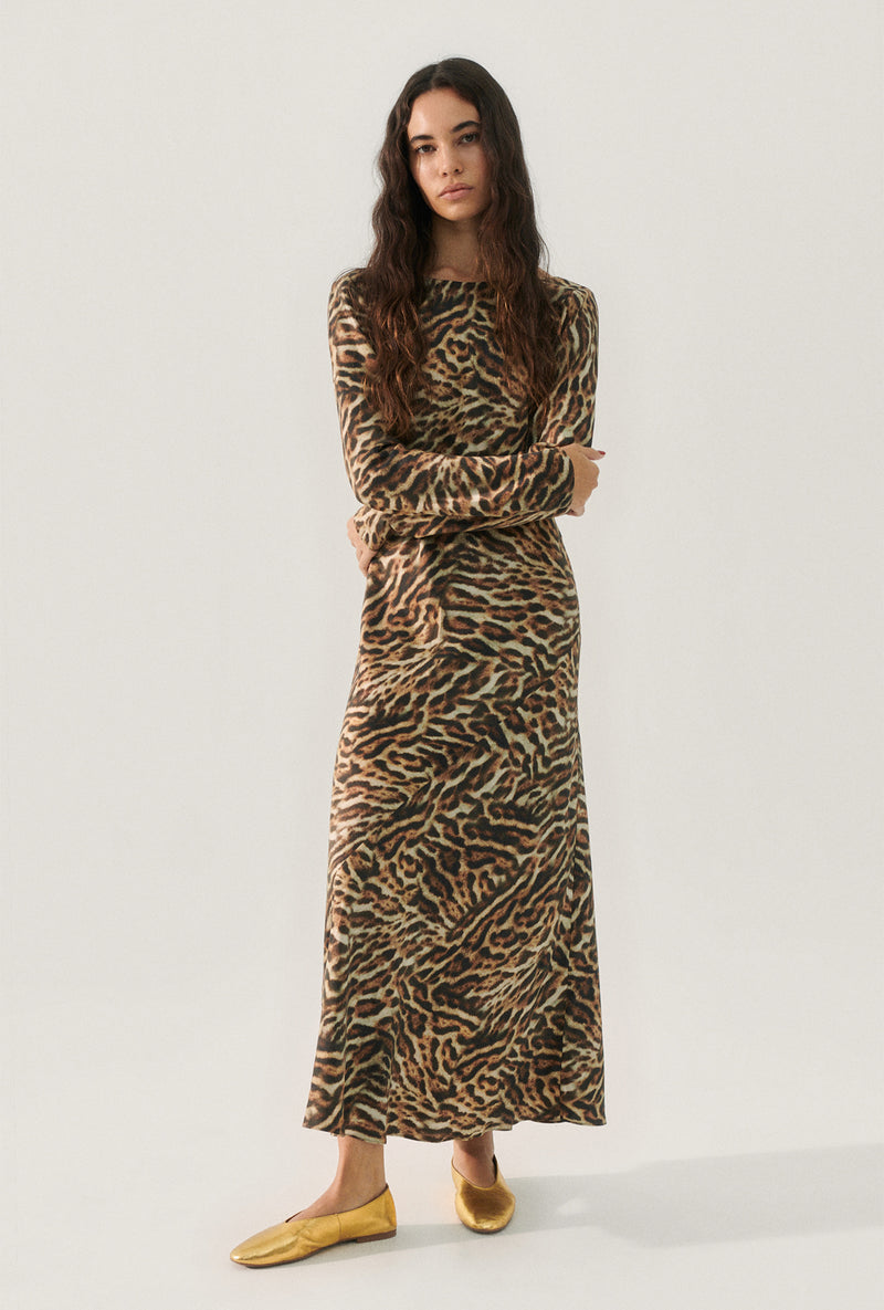 SL Long Sleeve Bias Maxi Dress in Leopard