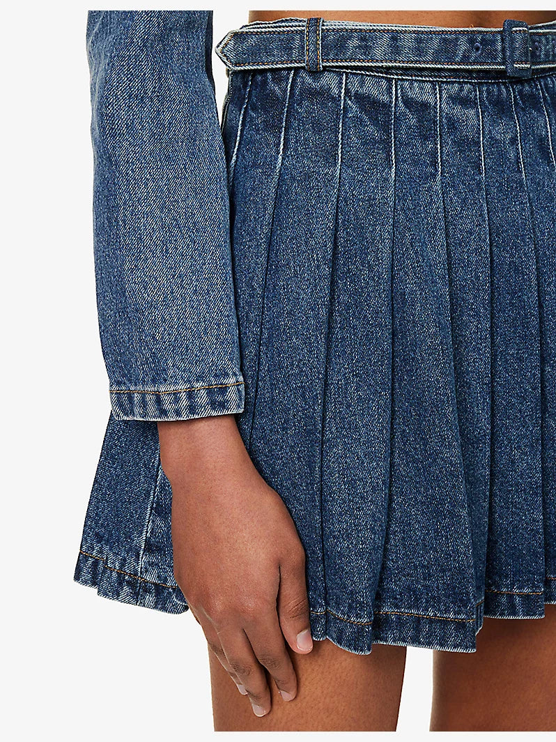 SP Belted Pleated Denim Mini Skirt